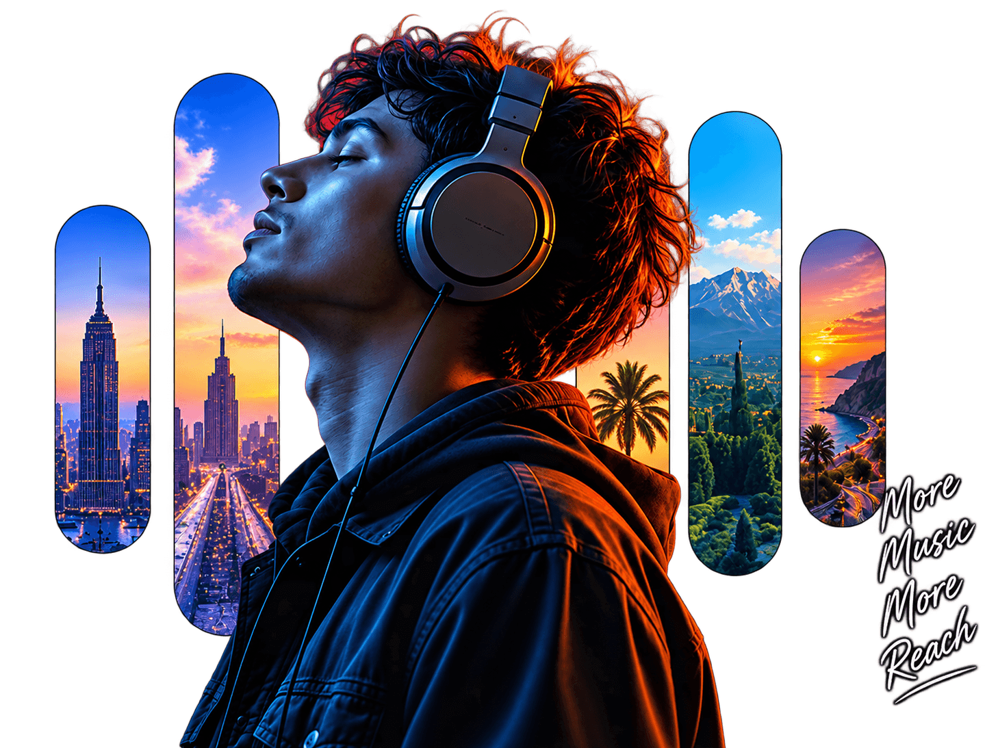 Artist listening on headphones with global reach visuals